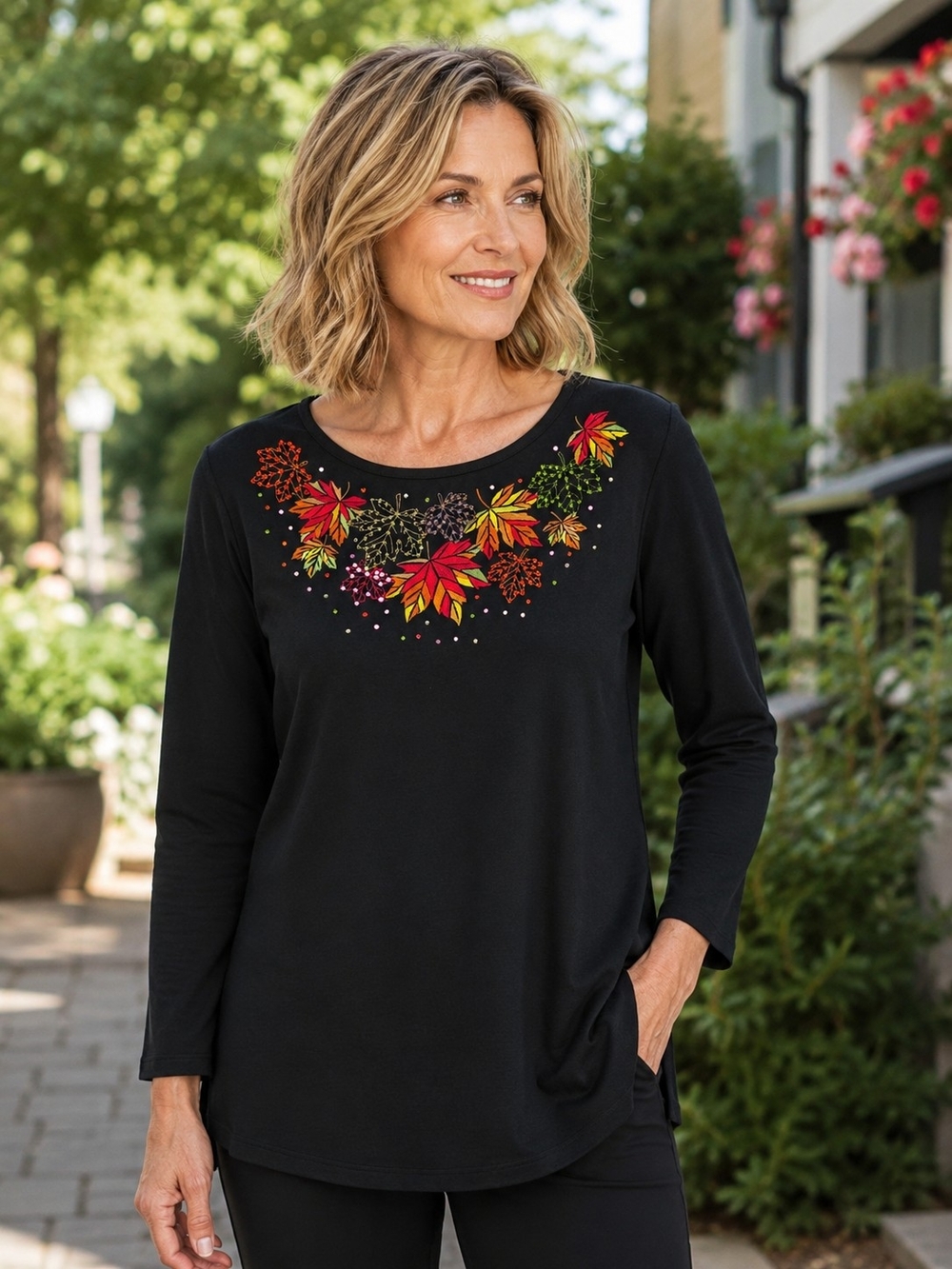 Black Long-Sleeve Top with Autumn Leaf Embroidery Sz Xl Boho
